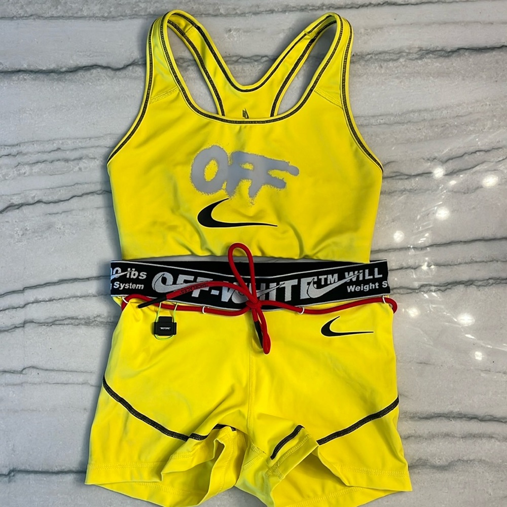 Off White x Nike Yellow Sports Bra Shorts Matching Set Sz Small